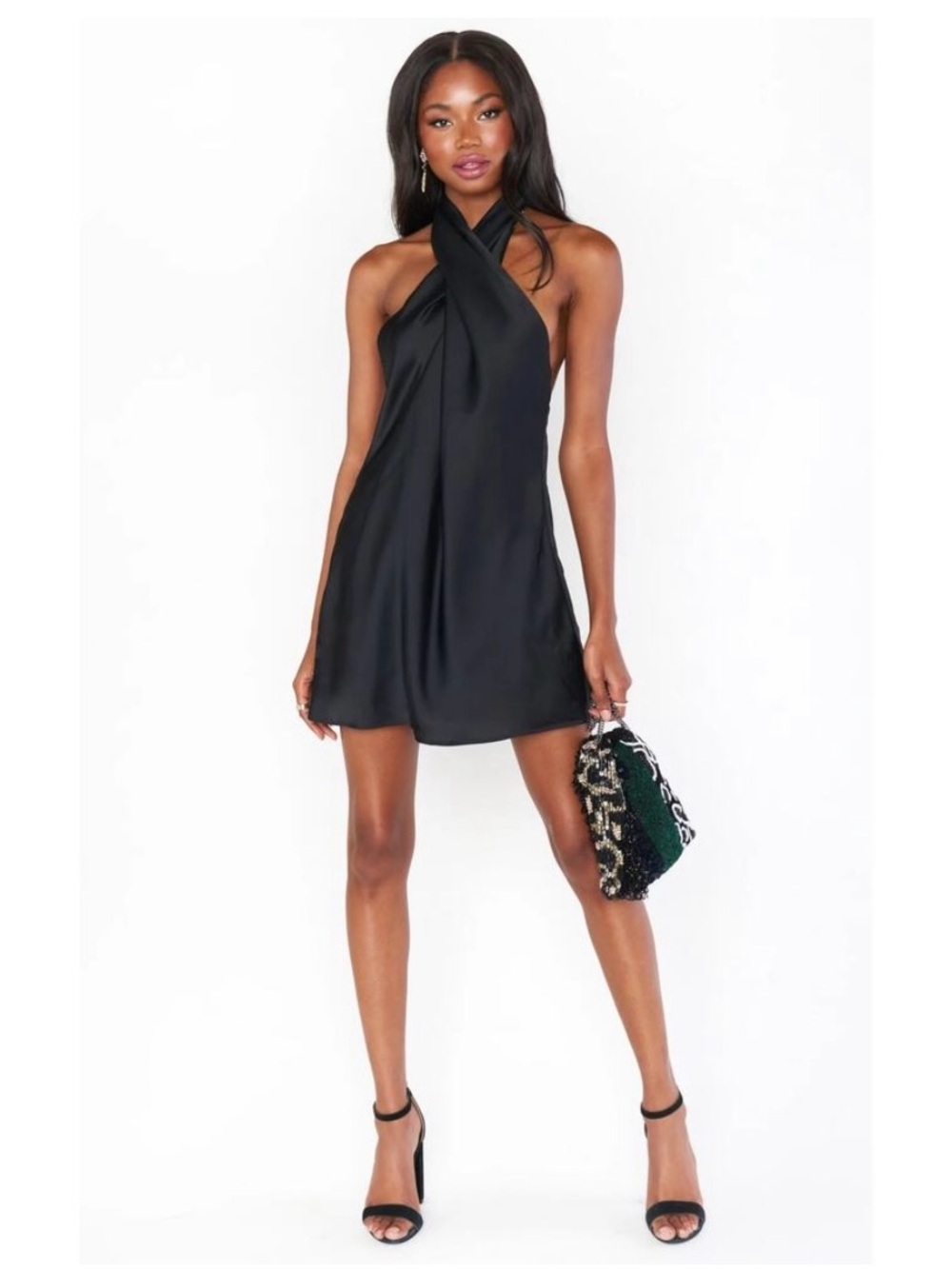 Show Me Your Mumu Jasmine Halter Mini Dress Black Luxe Satin low back Large